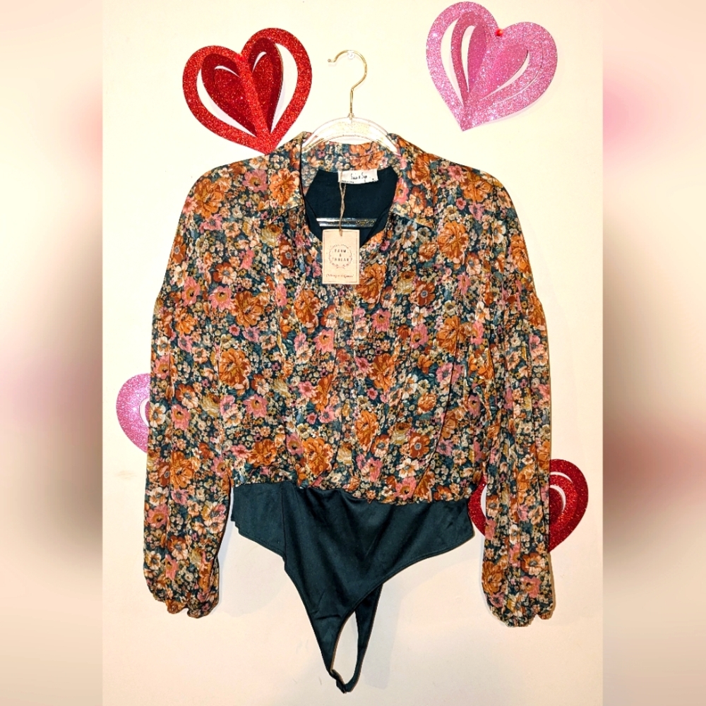 NWT Farm&Thread Vintage Floral Button Down Long Sleeve Thong Bodysuit